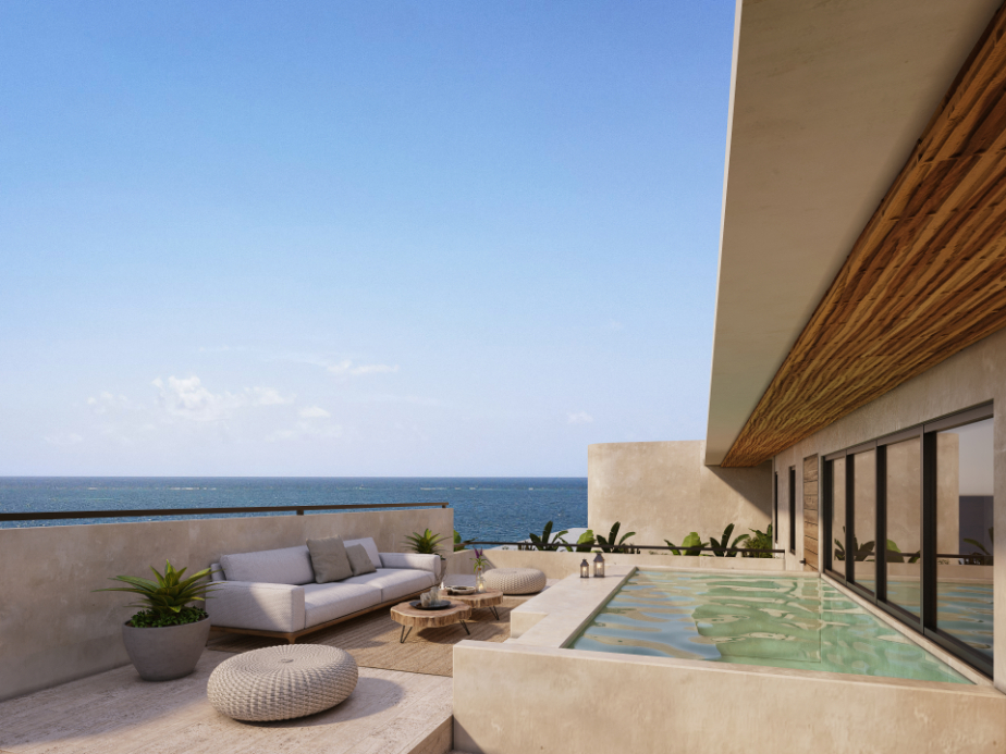 Ocean view penthouse, jacuzzis, lock off system, private beach, gym, pet area, and more pre-construction, Puerto Morelos for sale.