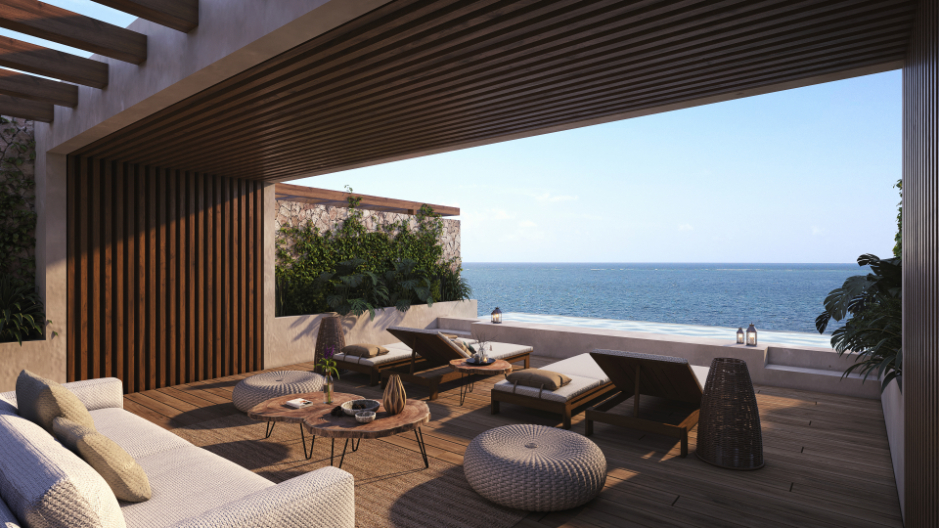 Ocean view penthouse, jacuzzis, lock off system, private beach, gym, pet area, and more pre-construction, Puerto Morelos for sale.