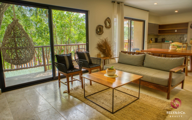 Condo with lock off design, private terrace with green view, 2 pools, barbecue area, trees, lounge areas, for sale, Malanay, La Veleta Tulum