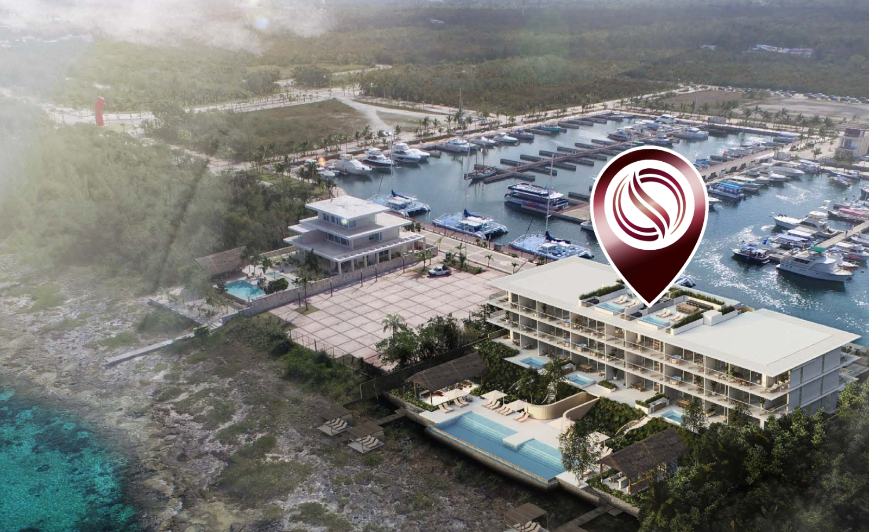 Ocean view condominium, perimeter terrace, marina front, ocean view pool, marble floor, pre-construction in South Hotel Zone, Cozumel.