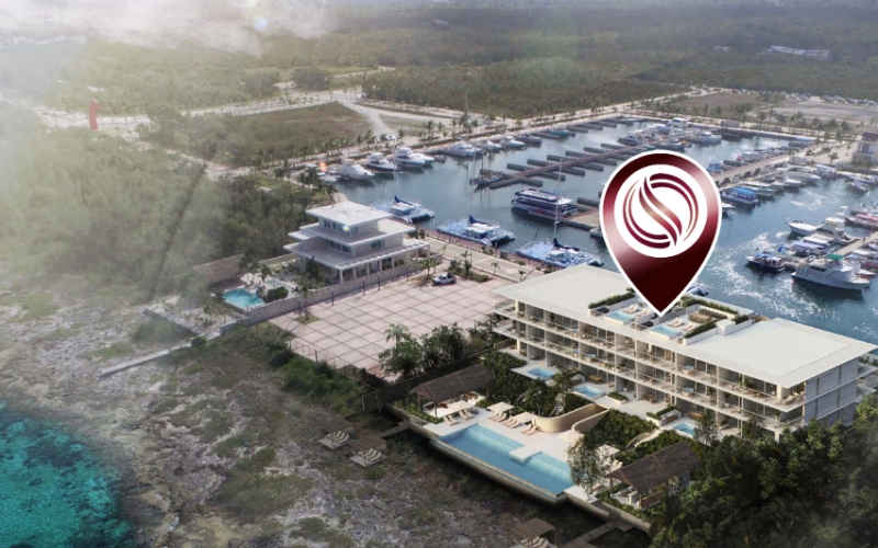 Ocean view condominium, perimeter terrace, marina front, ocean view pool, marble floor, pre-construction in South Hotel Zone, Cozumel.