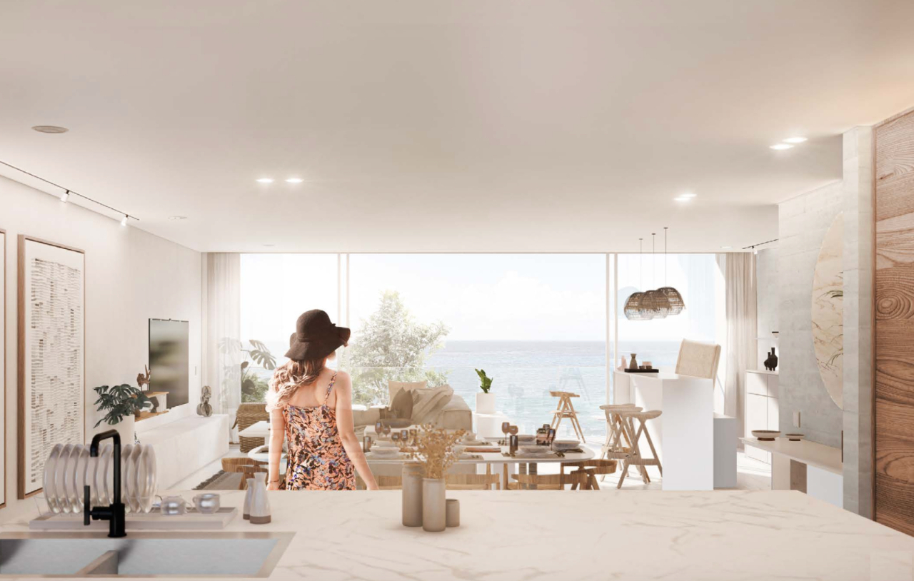 Ocean view condominium, perimeter terrace, marina front, ocean view pool, marble floor, pre-construction in South Hotel Zone, Cozumel.