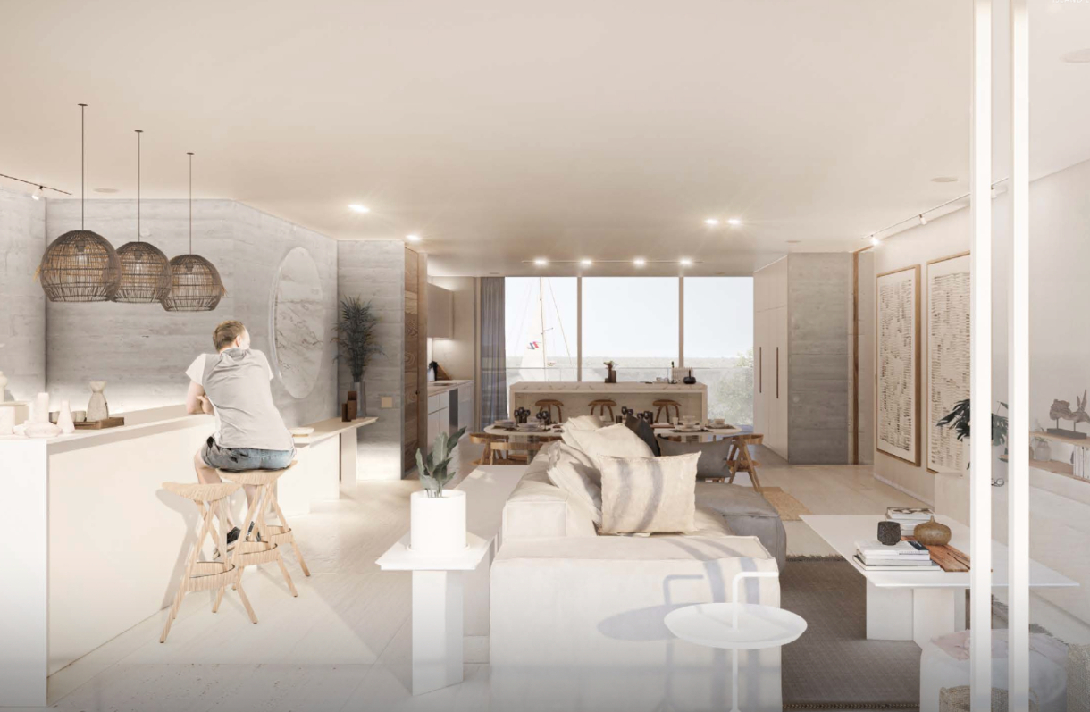 Ocean view condominium, perimeter terrace, marina front, ocean view pool, marble floor, pre-construction in South Hotel Zone, Cozumel.