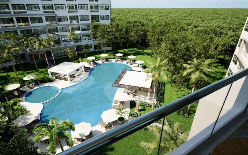 Apartment with lock off, terrace, cellar and laundry room, overlooking the forest, spa, sports courts, pool, jacuzzi, children&amp;#39;s club, in Cu