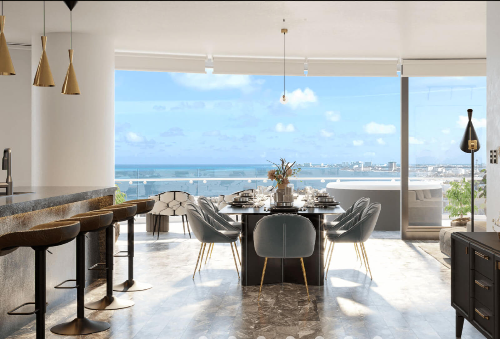 Condo with ocean and marina views, with amenities: infinity pool, spa, gym, lounge area, meeting room, lobby, located in Puerto Cancun