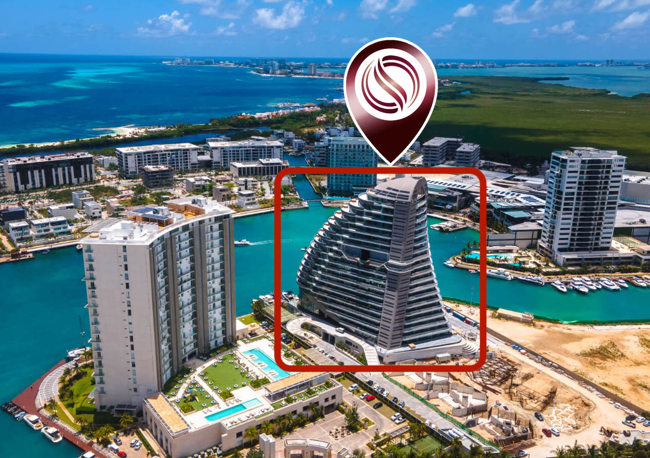 Condo with ocean and marina views, with amenities: infinity pool, spa, gym, lounge area, meeting room, lobby, located in Puerto Cancun