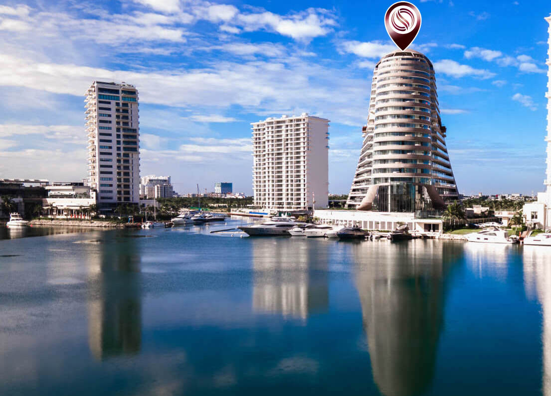 Condo with ocean and marina views, with amenities: infinity pool, spa, gym, lounge area, meeting room, lobby, located in Puerto Cancun