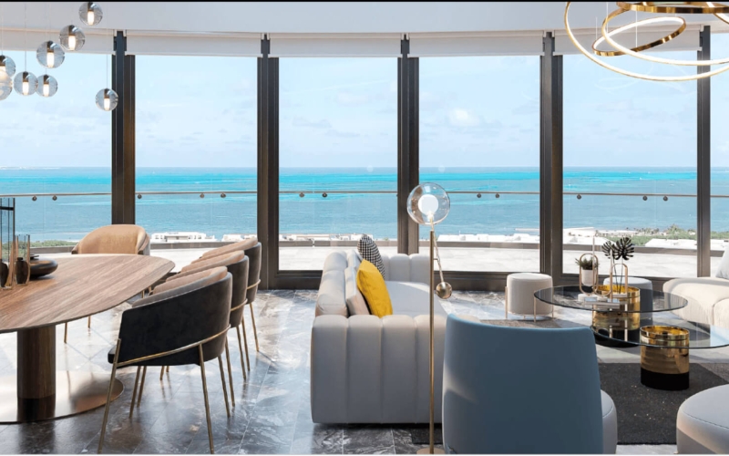 Luxury apartment with beautiful views of the sea and the marina, with amenities: infinity pool, spa, gym, lounge area, event room, lobby