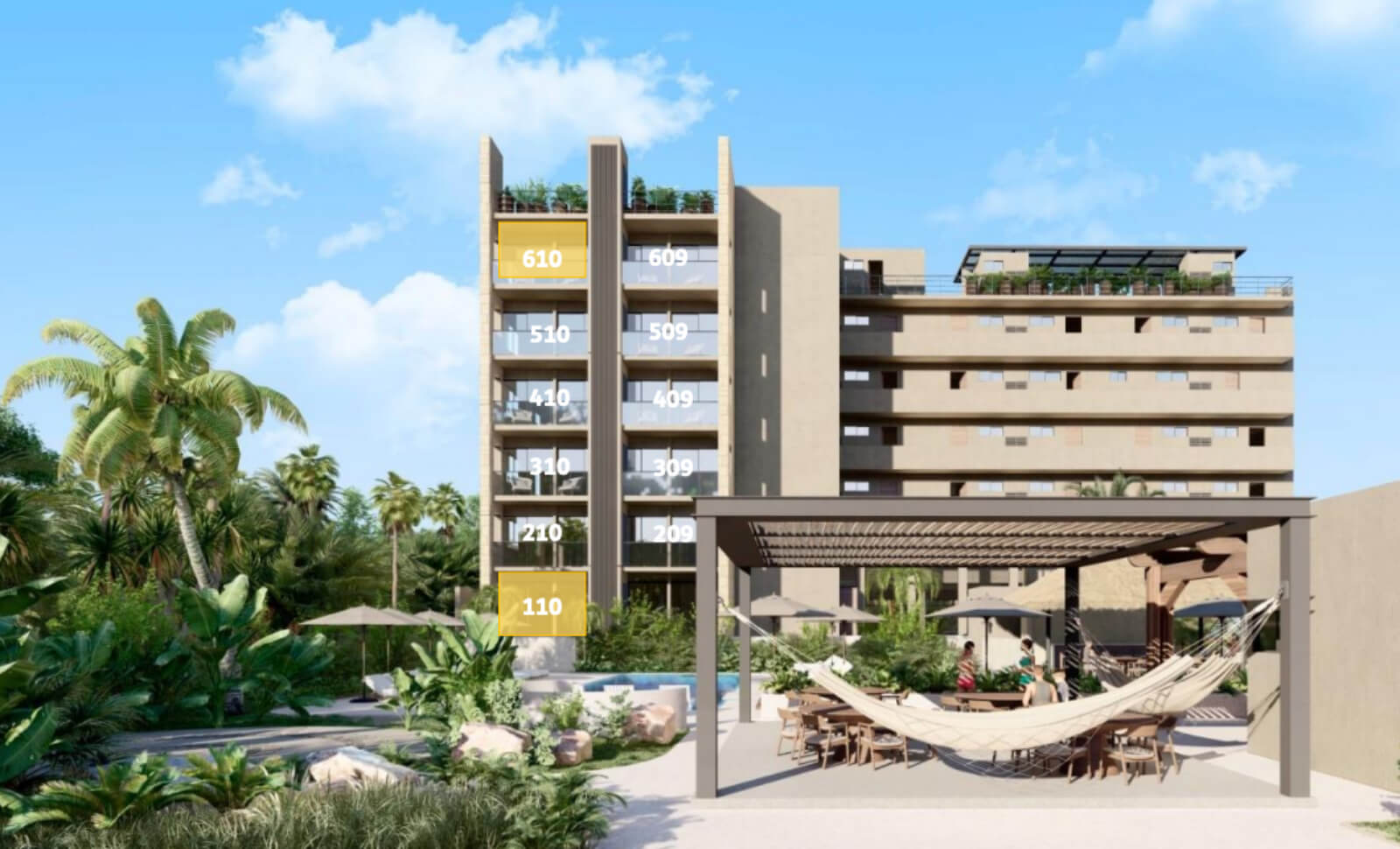 Apartment near the beach, room &amp; pool service, fire pit, playground for children, hammock area, surrounded by green, 1 km from the beach pre