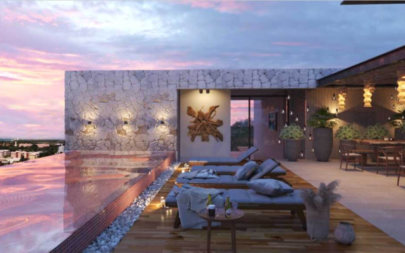 Ocean view rooftop pool, gym, bbq grill, pre-construction condo for sale Cozumel.