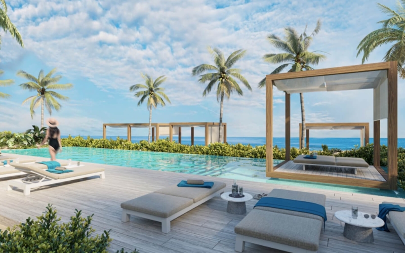 Ocean view apartment with private outdoor Jacuzzi, furnished, pre-construction, for sale in Puerto Morelos.