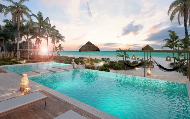 Condominium with oceanfront pool, hammocks, terrace and palapas, pre-construction, San Crisanto, sale, M&eacute;rida.
