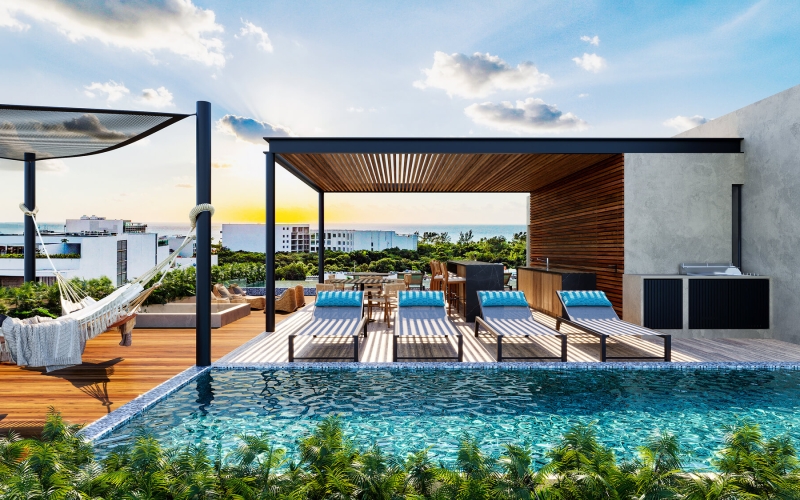 Studio with private terrace, pool, gym and hammock area, Downtown, for sale, Playa del Carmen.