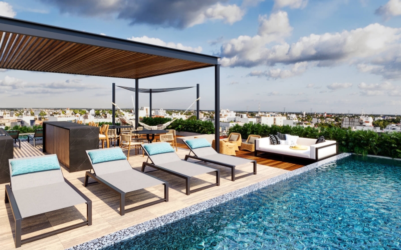 Studio with private terrace, Gym, Pool and Jacuzzi, Downtown, for sale, Playa del Carmen.