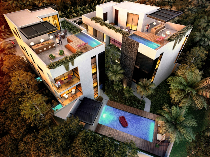 Penthouse green views,private terrace, gym, business center, yoga and gym area, with green areas, hammock garden, in Aldea Zama Tulum, for sale.