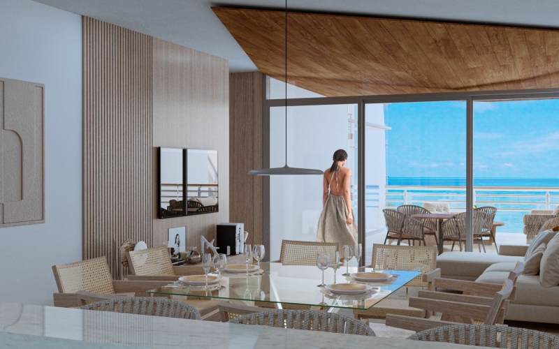 Oceanfront condo with ample terrace and balconies, pre-sale Playa del Carmen.