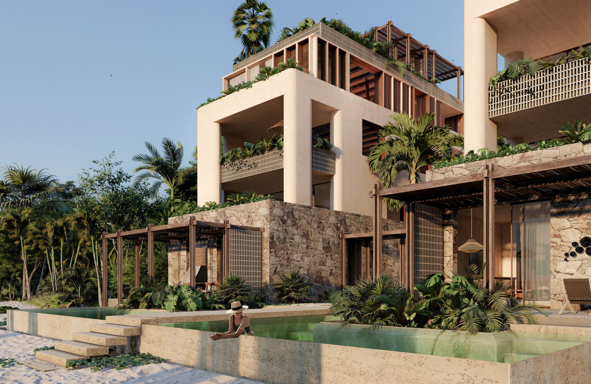 condo with oceanfront pool, pool bar, Iconic desig building, Eco friendly, for sale in Tulum.