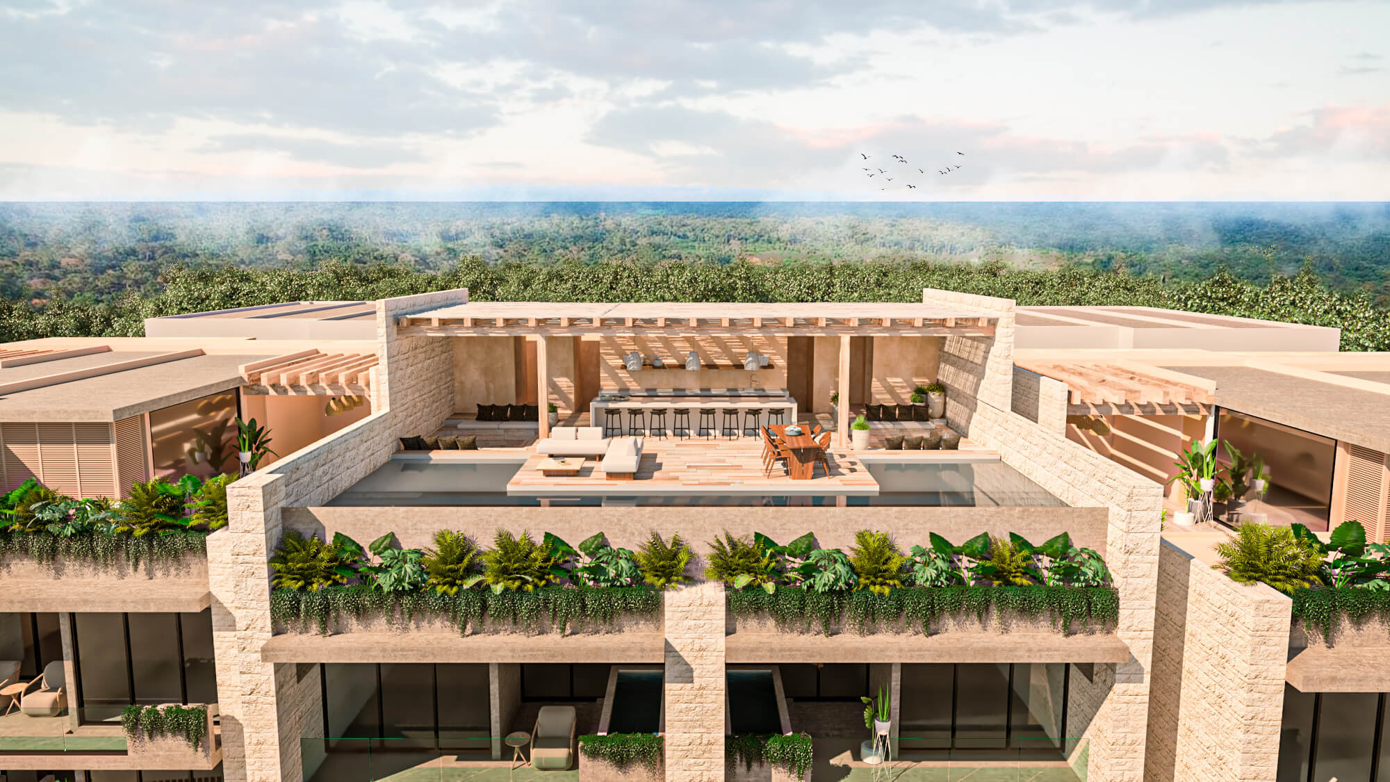 Green view condo with 32 m2 private garden, direct access to the pool from your terrace (swim up), gym, zen or yoga area, business center, Aldea Zama Neighborhood, Tulum for sale.