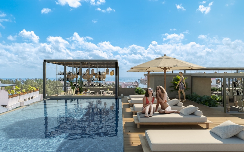 Paddle court with ocean view condo, infinity pool and gym, for sale  in Colosio zone, Playa del Carmen.