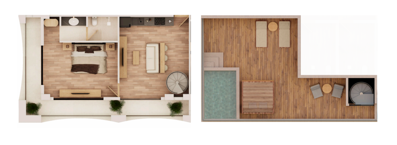 Condo steps from Fifth Avenue and the beach, rooftop, for sale Playa del Carmen.