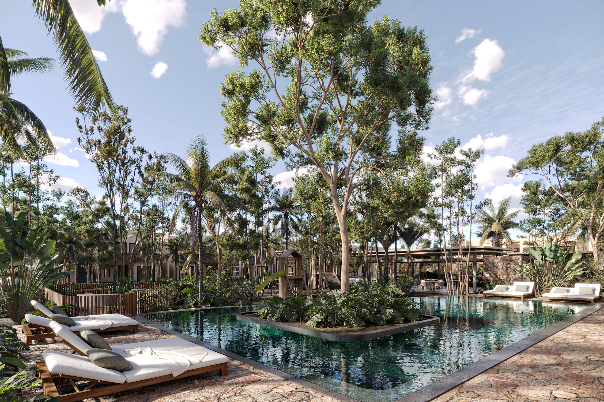 Condo with art walk, shopping area, open air cinema, hotel amenities, in Tulum, sale.