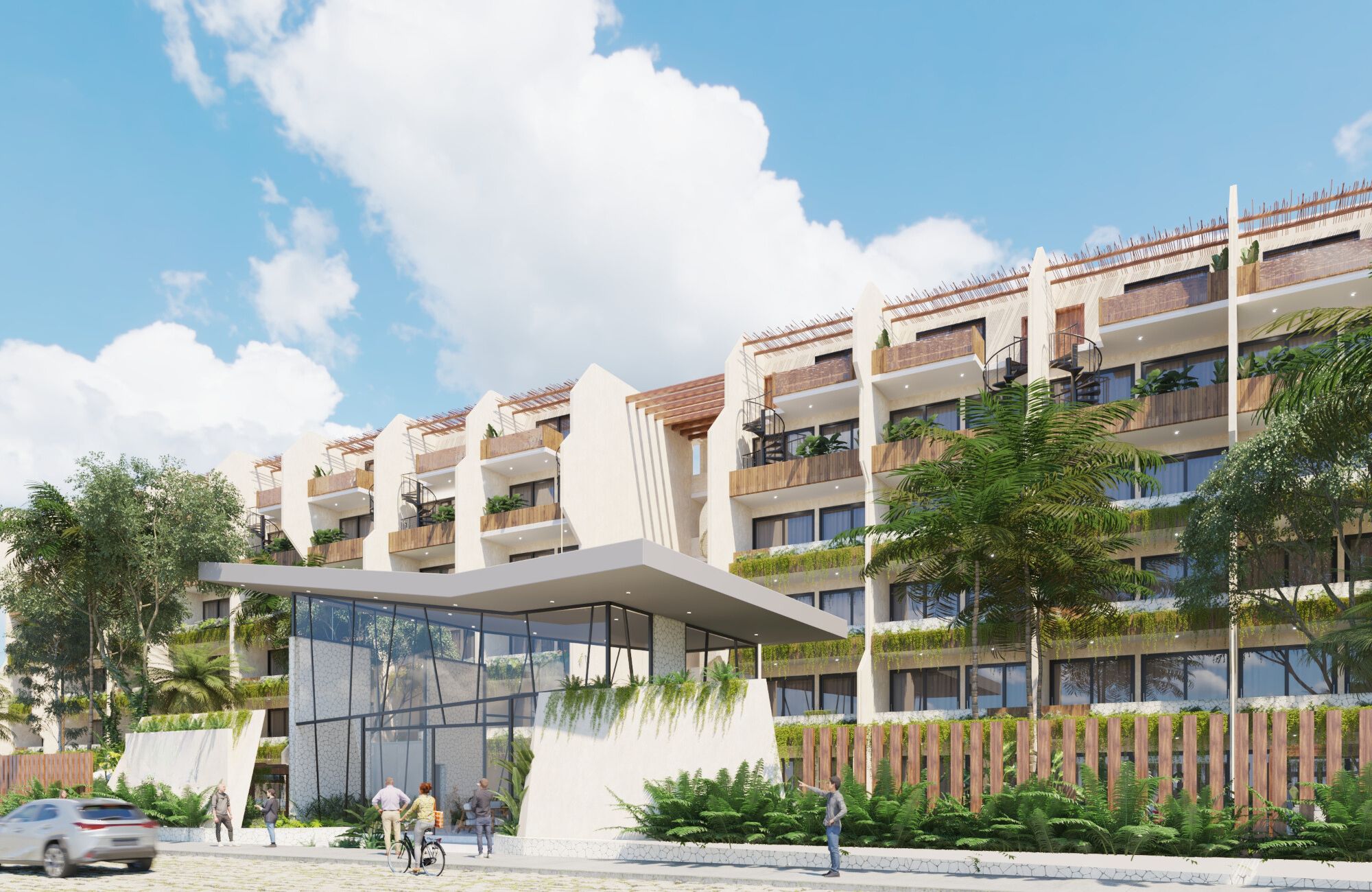 Condo with adults pool with bar, family pool, co-working, spa, bar, gym, green areas, in pre-construction for sale Aldea Zama Tulum.