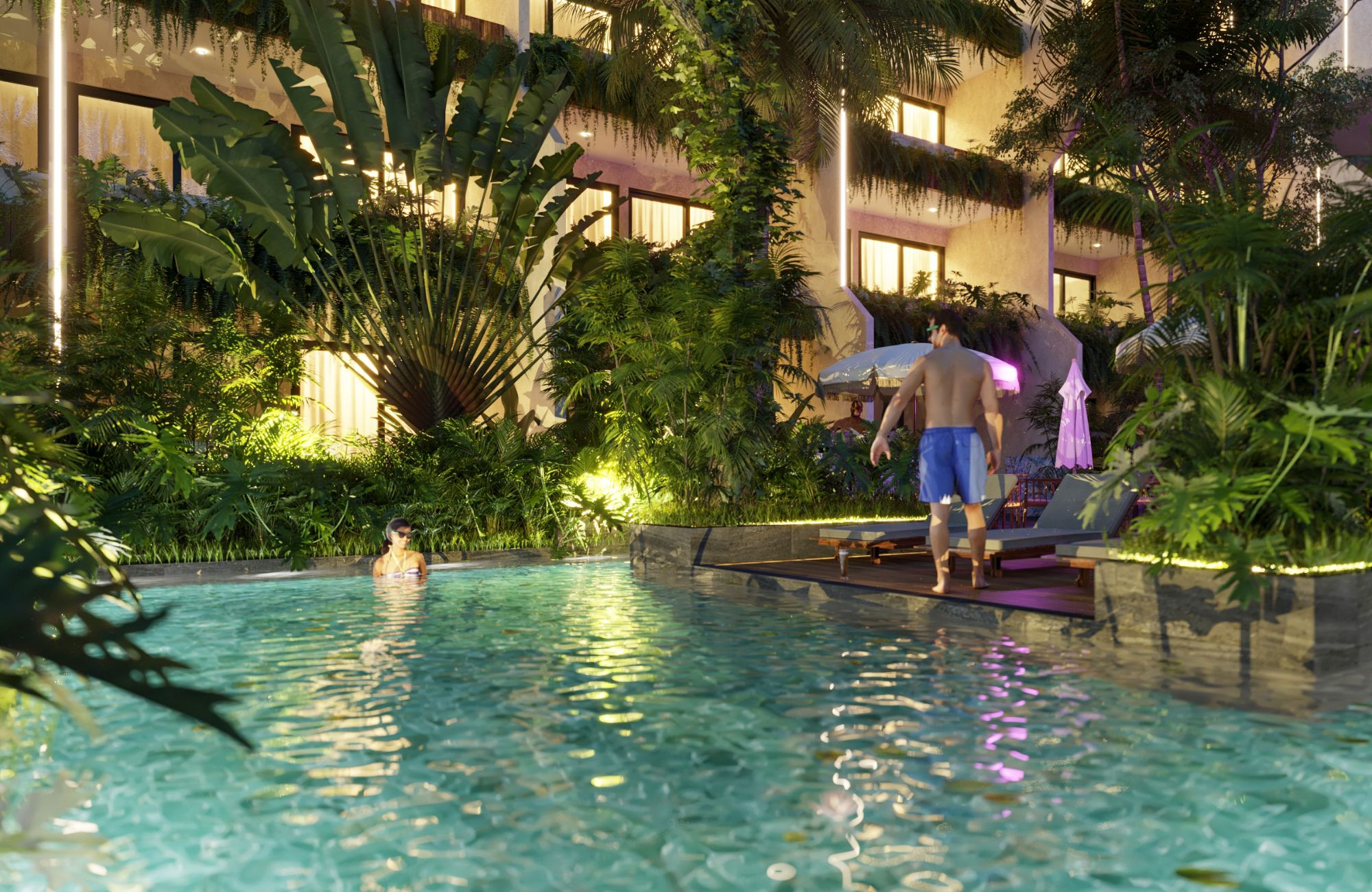 Condo with adults pool with bar, family pool, co-working, spa, bar, gym, green areas, in pre-construction for sale Aldea Zama Tulum.