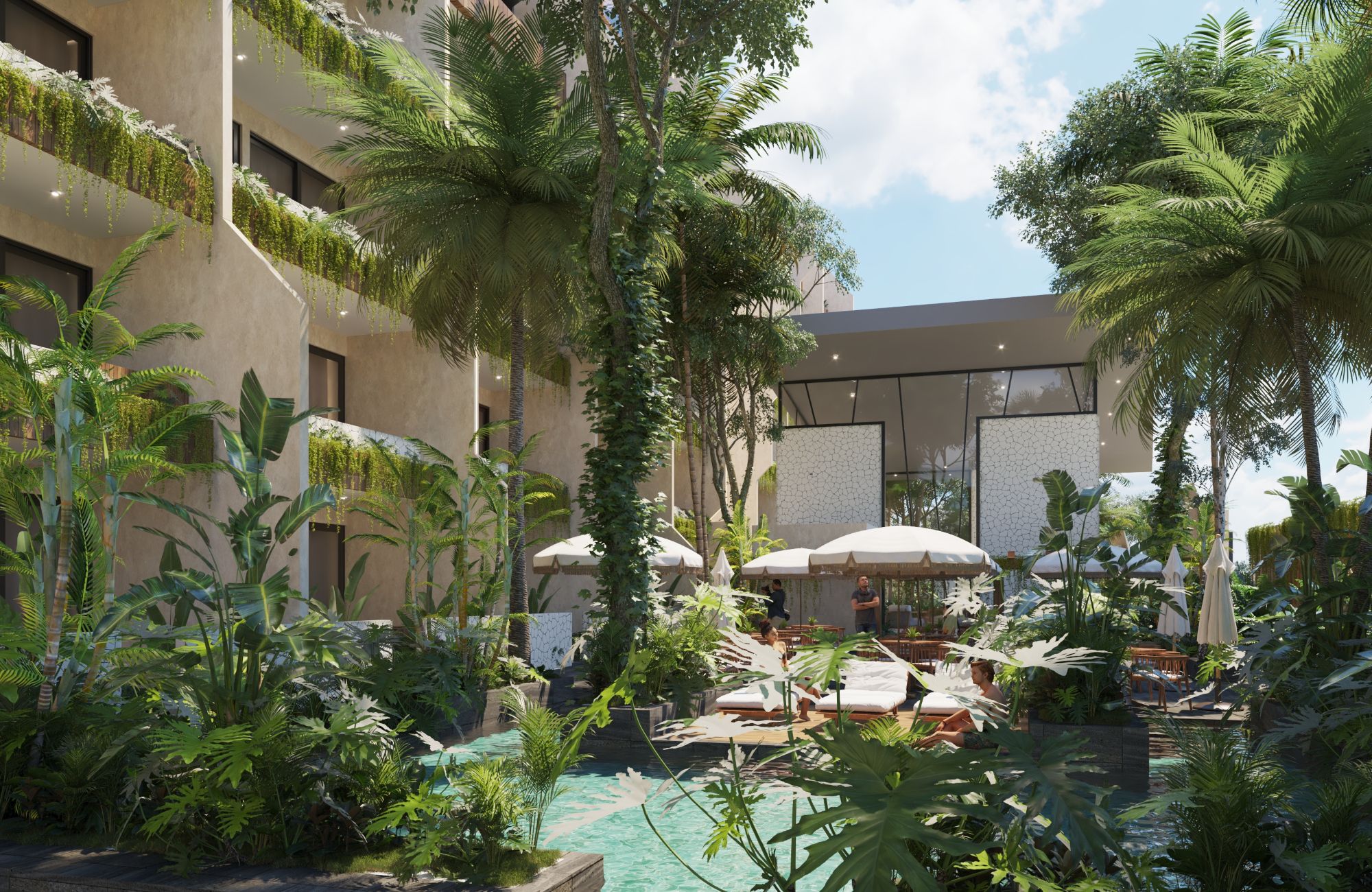 Condo with adults pool with bar, family pool, co-working, spa, bar, gym, green areas, in pre-construction for sale Aldea Zama Tulum.