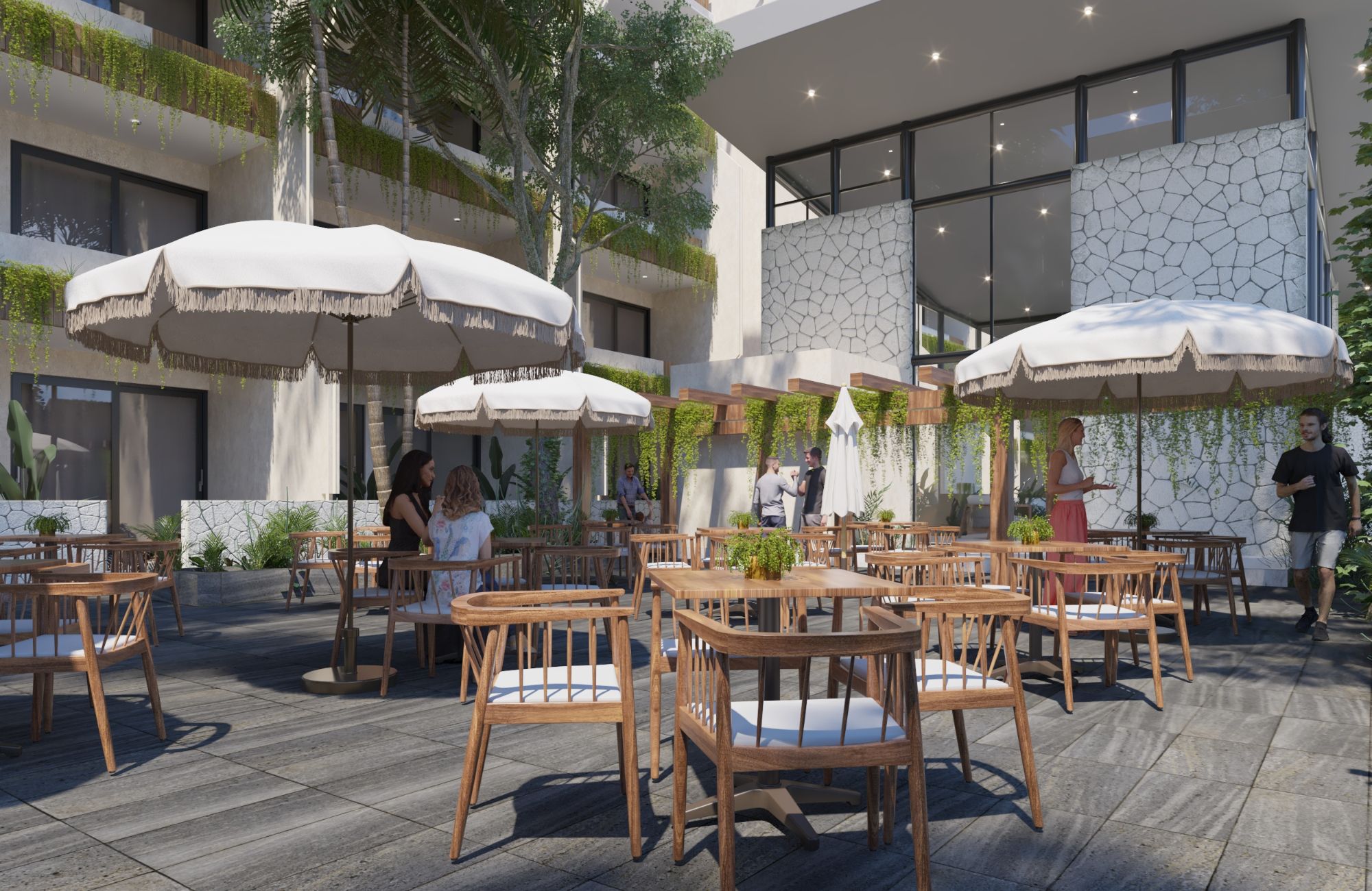 Condo with adults pool with bar, family pool, co-working, spa, bar, gym, green areas, in pre-construction for sale Aldea Zama Tulum.