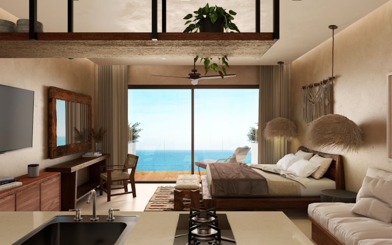 Departamento con alberca com&uacute;n, vista al mar en venta, Pueblo, Puerto Morelos