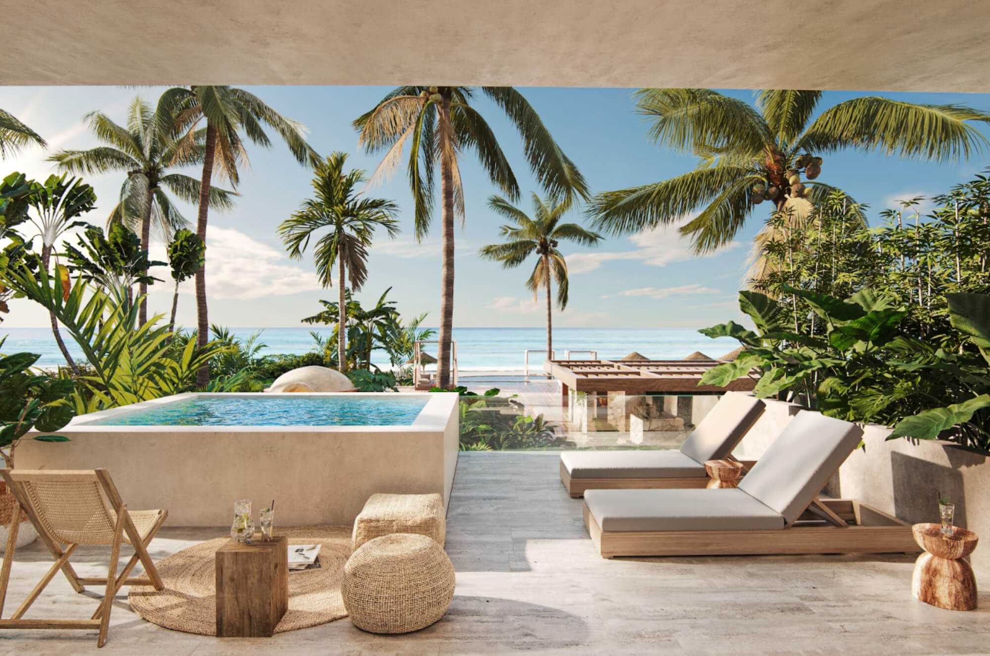 Condo with ocean view for sale, swimming pool, lobby, beachfront, Puerto Morelos.