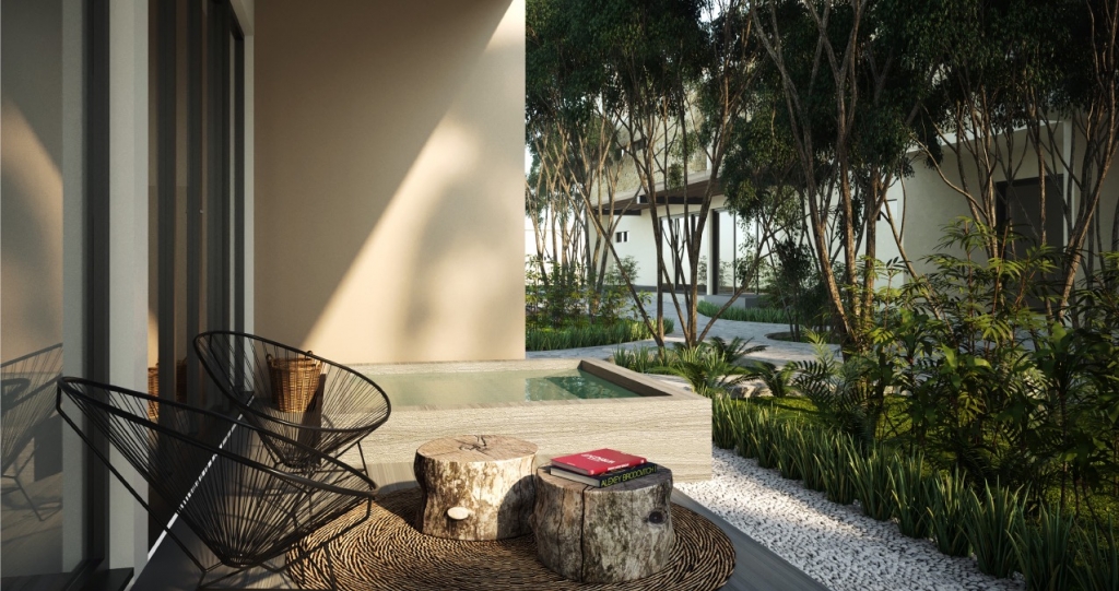 Condo for sale in Aldea Zama yoga area, terraces with lounge chairs,beach club access