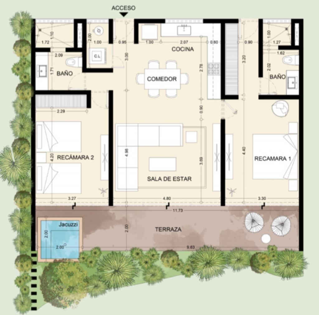 Condo for sale in Aldea Zama yoga area, terraces with lounge chairs,beach club access