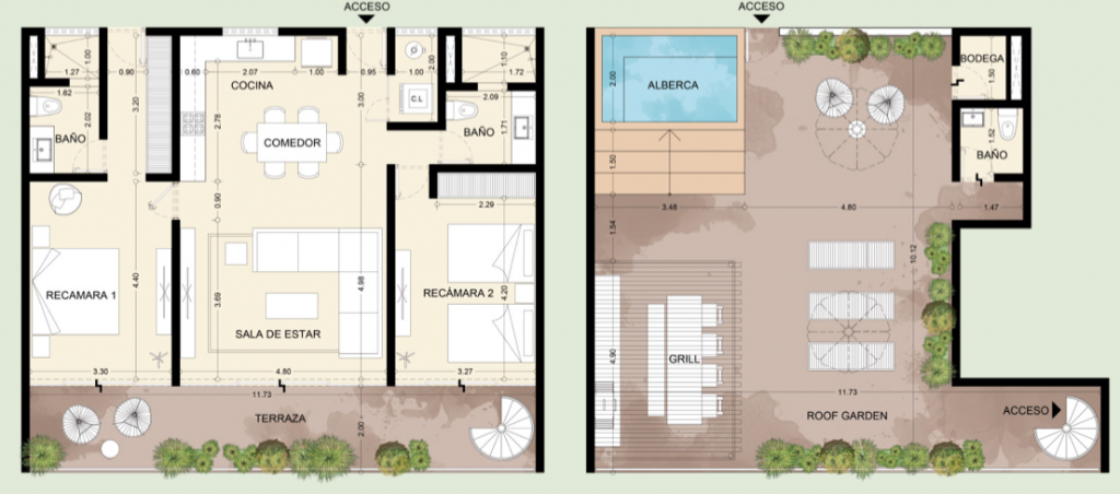 Condo for sale in Aldea Zama yoga area, terraces with lounge chairs,beach club access