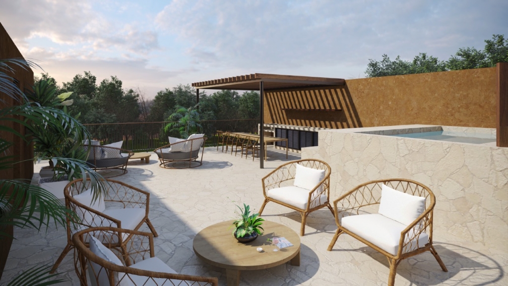 Condo for sale in Aldea Zama yoga area, terraces with lounge chairs,beach club access