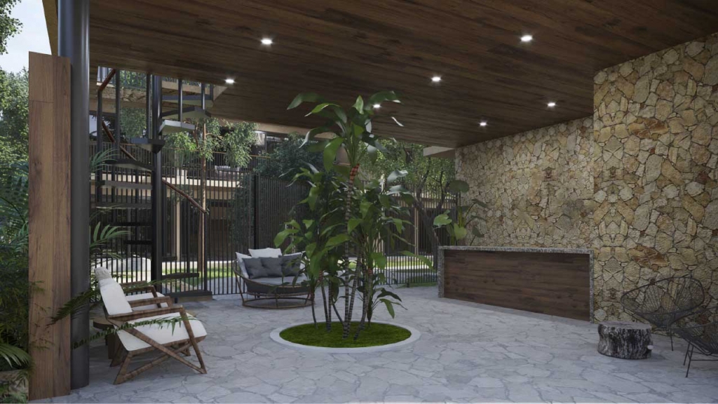 Condo for sale in Aldea Zama yoga area, terraces with lounge chairs,beach club access