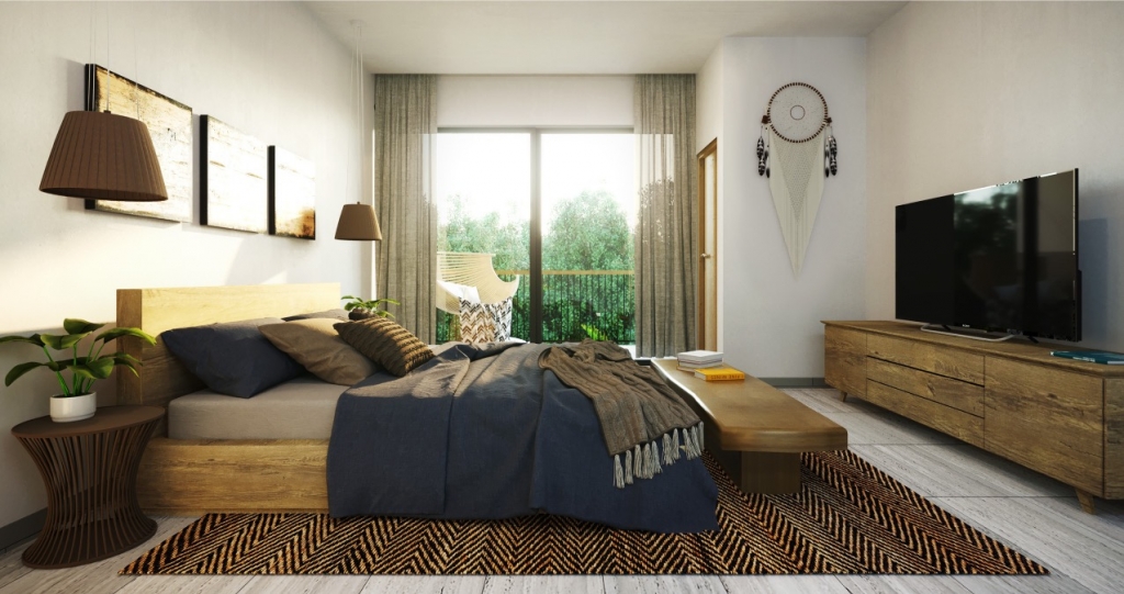 Condo for sale in Aldea Zama yoga area, terraces with lounge chairs,beach club access