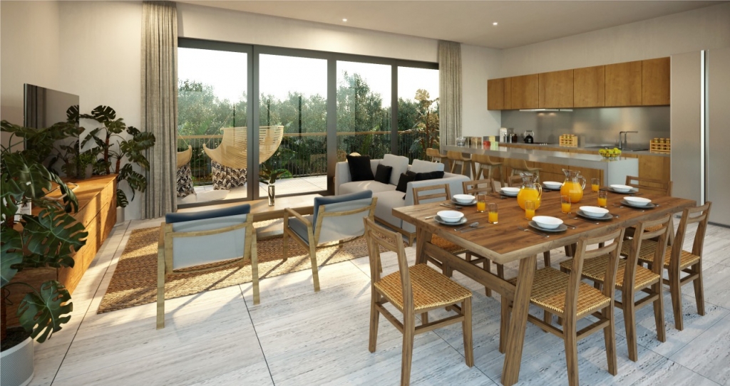 Condo for sale in Aldea Zama yoga area, terraces with lounge chairs,beach club access