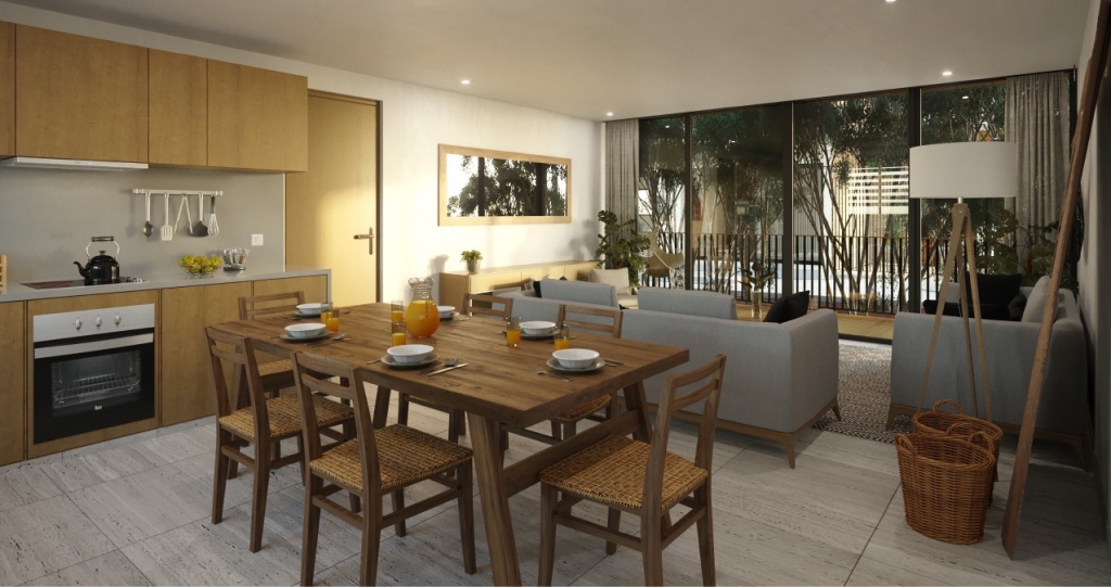 Condo for sale in Aldea Zama yoga area, terraces with lounge chairs,beach club access