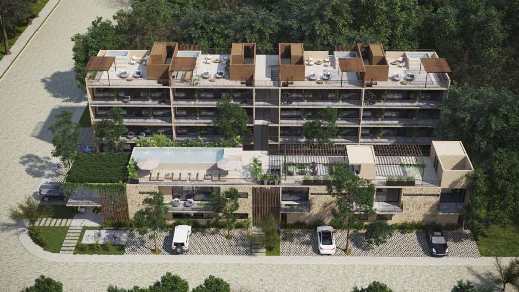 Condo for sale in Aldea Zama yoga area, terraces with lounge chairs,beach club access