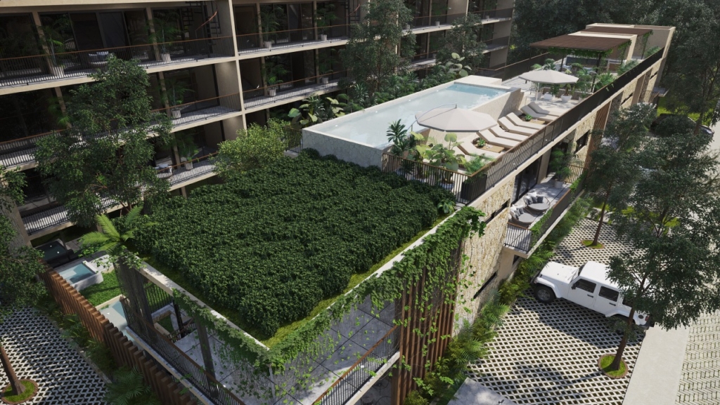 Condo for sale in Aldea Zama yoga area, terraces with lounge chairs,beach club access