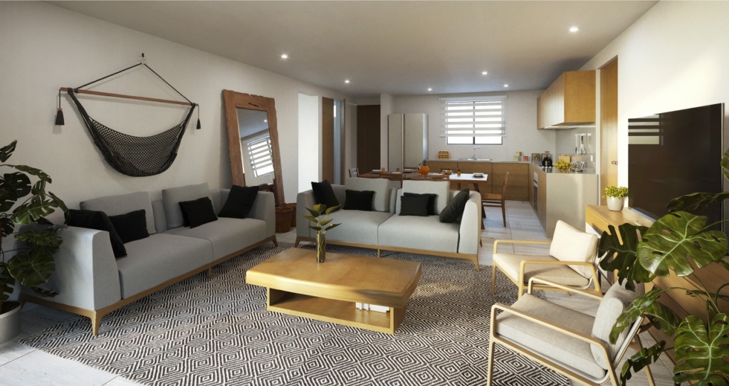 Condo for sale in Aldea Zama yoga area, terraces with lounge chairs,beach club access