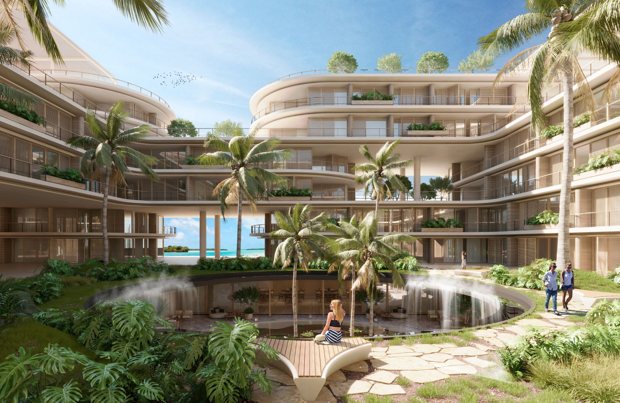 Golf course view condo surrounded by green with clubhouse, cenotes, beach club, parks, pre-construction-sale Playa del Carmen.