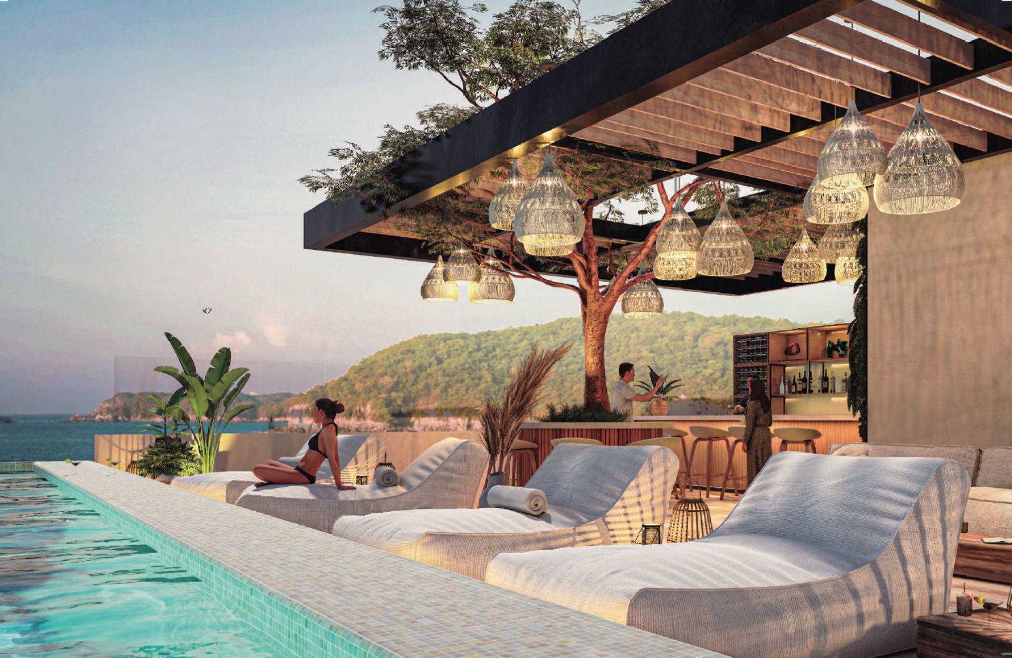 Apartment with breakfast bar, 2 pools in common area, for sale, Fifth Avenue, Huatulco.