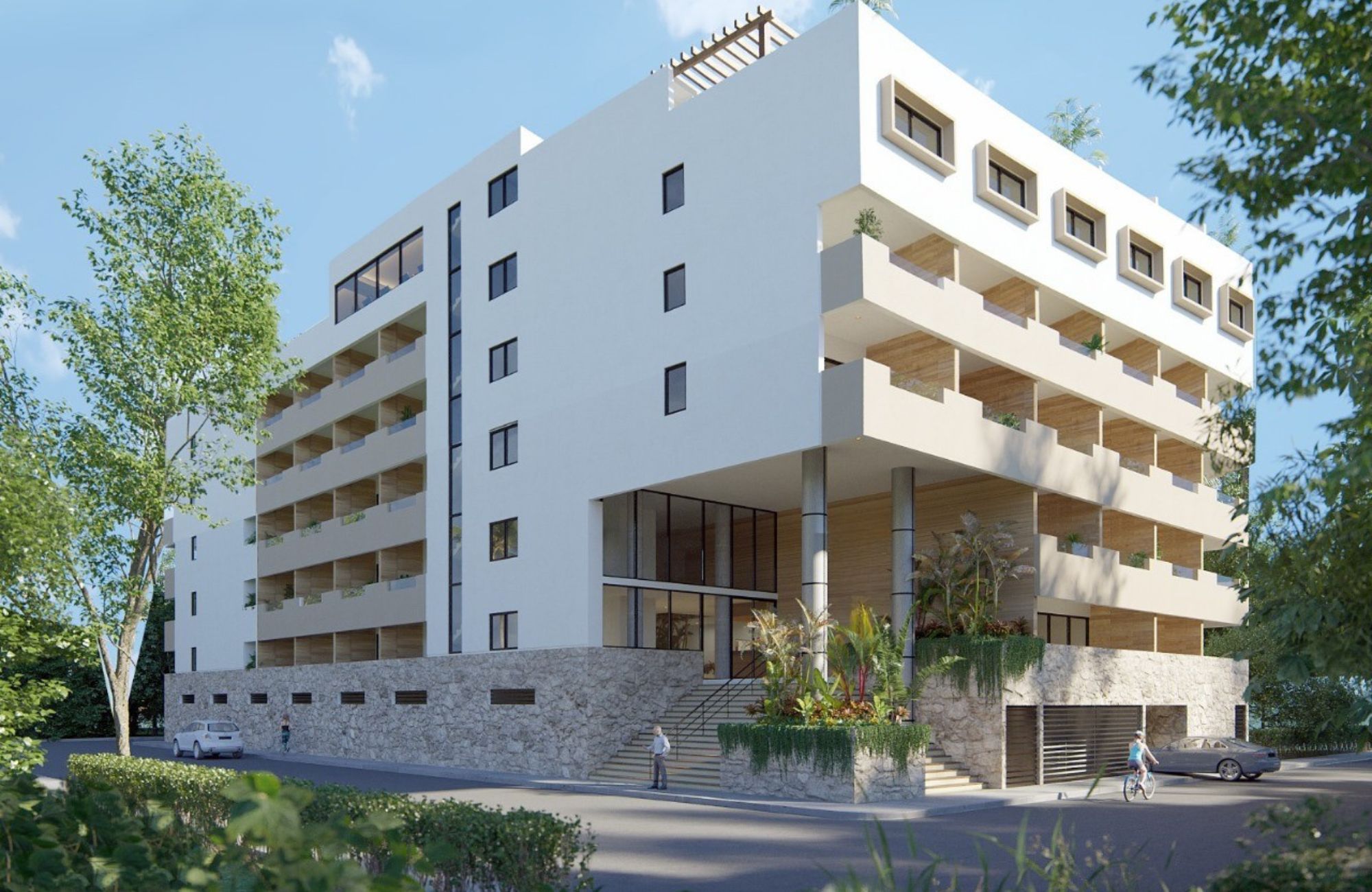 Ground floor condo with small garden, terrace with pool, jacuzzi, gym, coworking, concierge, pre-construction, for sale, Playa del Carmen.