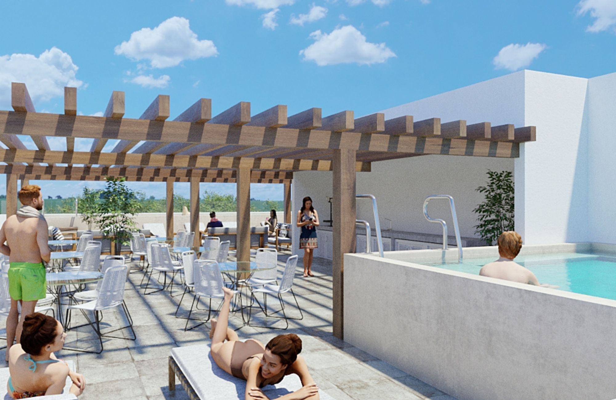 Ground floor condo with small garden, terrace with pool, jacuzzi, gym, coworking, concierge, pre-construction, for sale, Playa del Carmen.