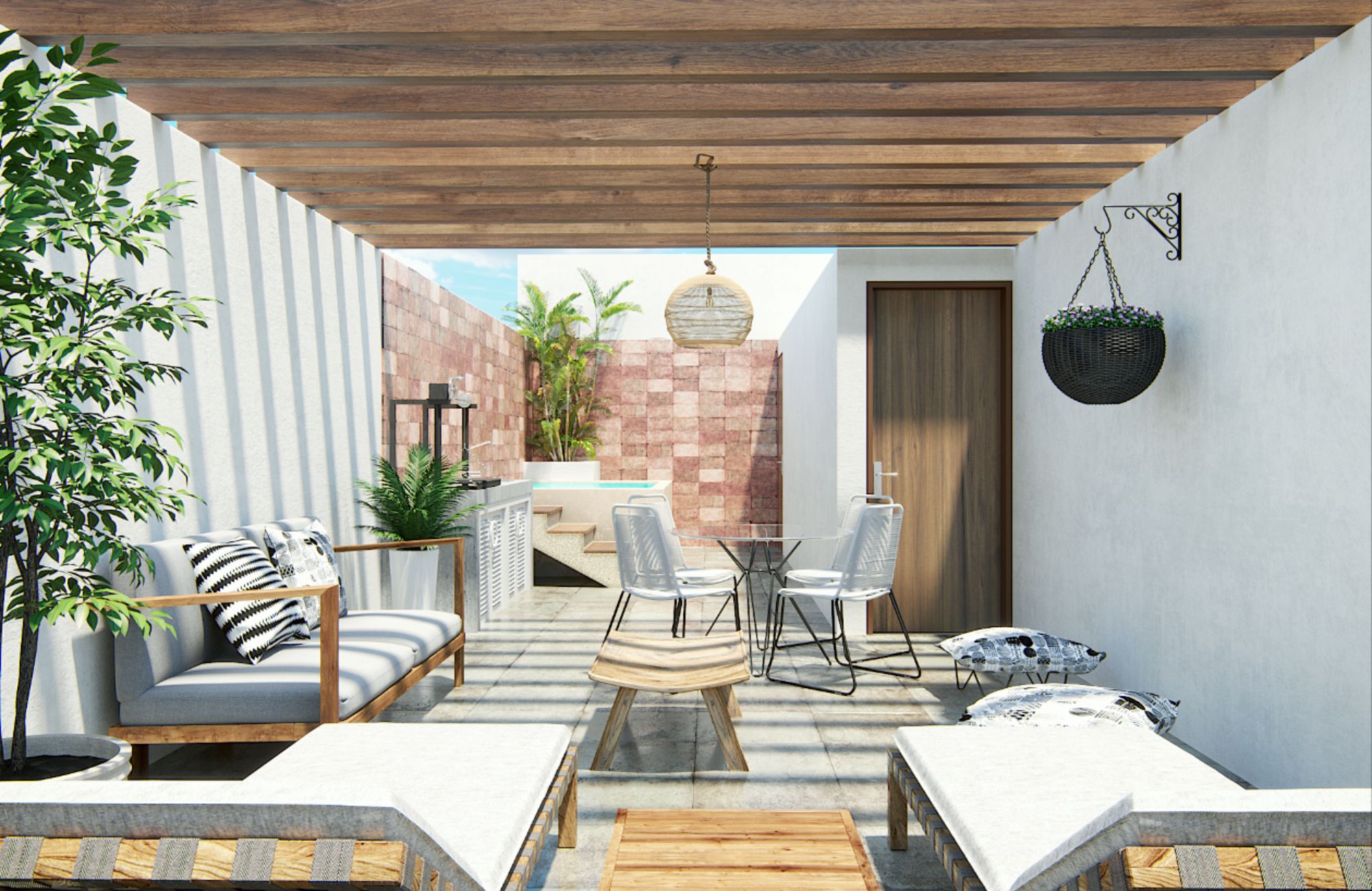 Ground floor condo with small garden, terrace with pool, jacuzzi, gym, coworking, concierge, pre-construction, for sale, Playa del Carmen.