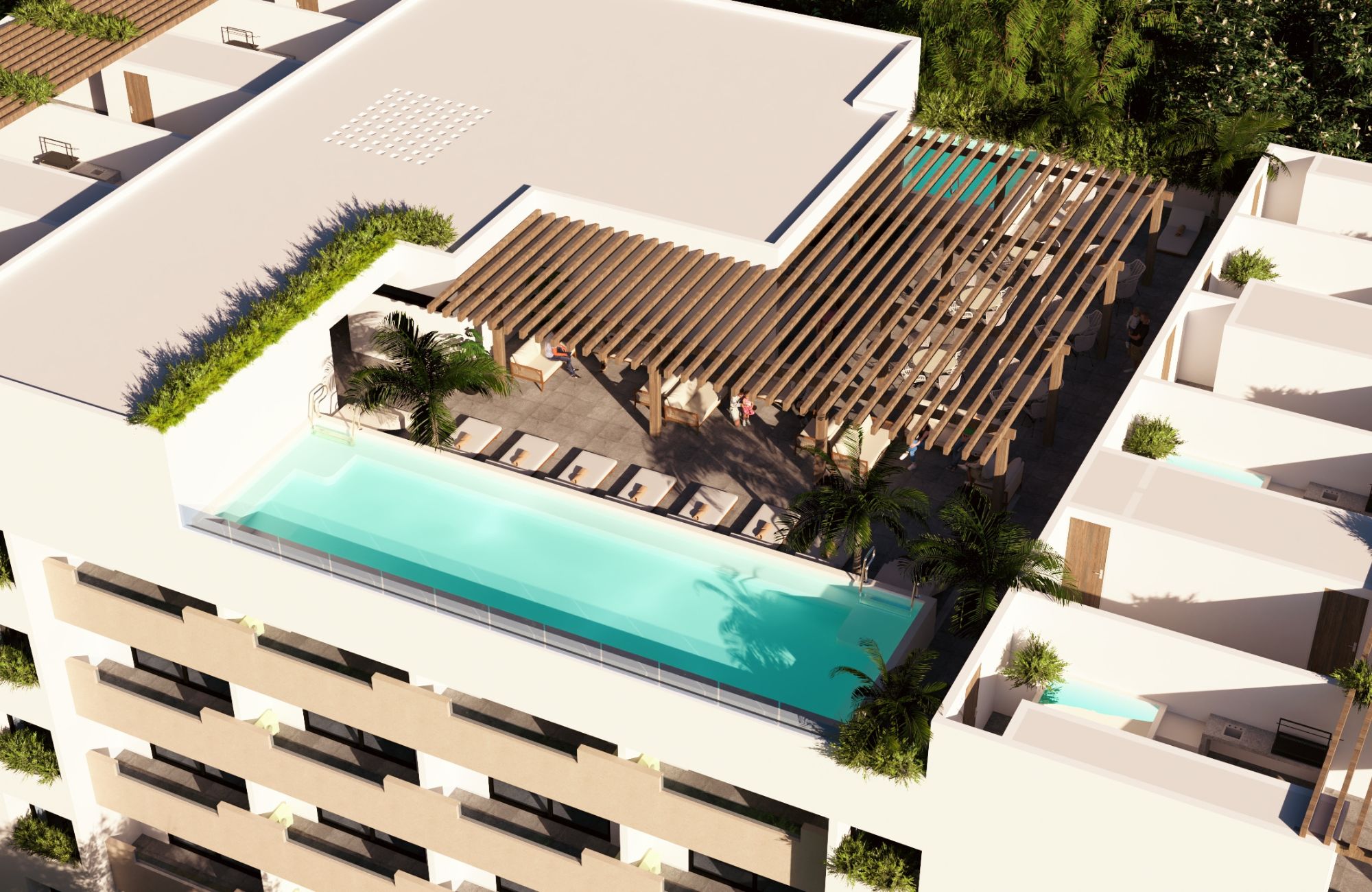 Ground floor condo with small garden, terrace with pool, jacuzzi, gym, coworking, concierge, pre-construction, for sale, Playa del Carmen.