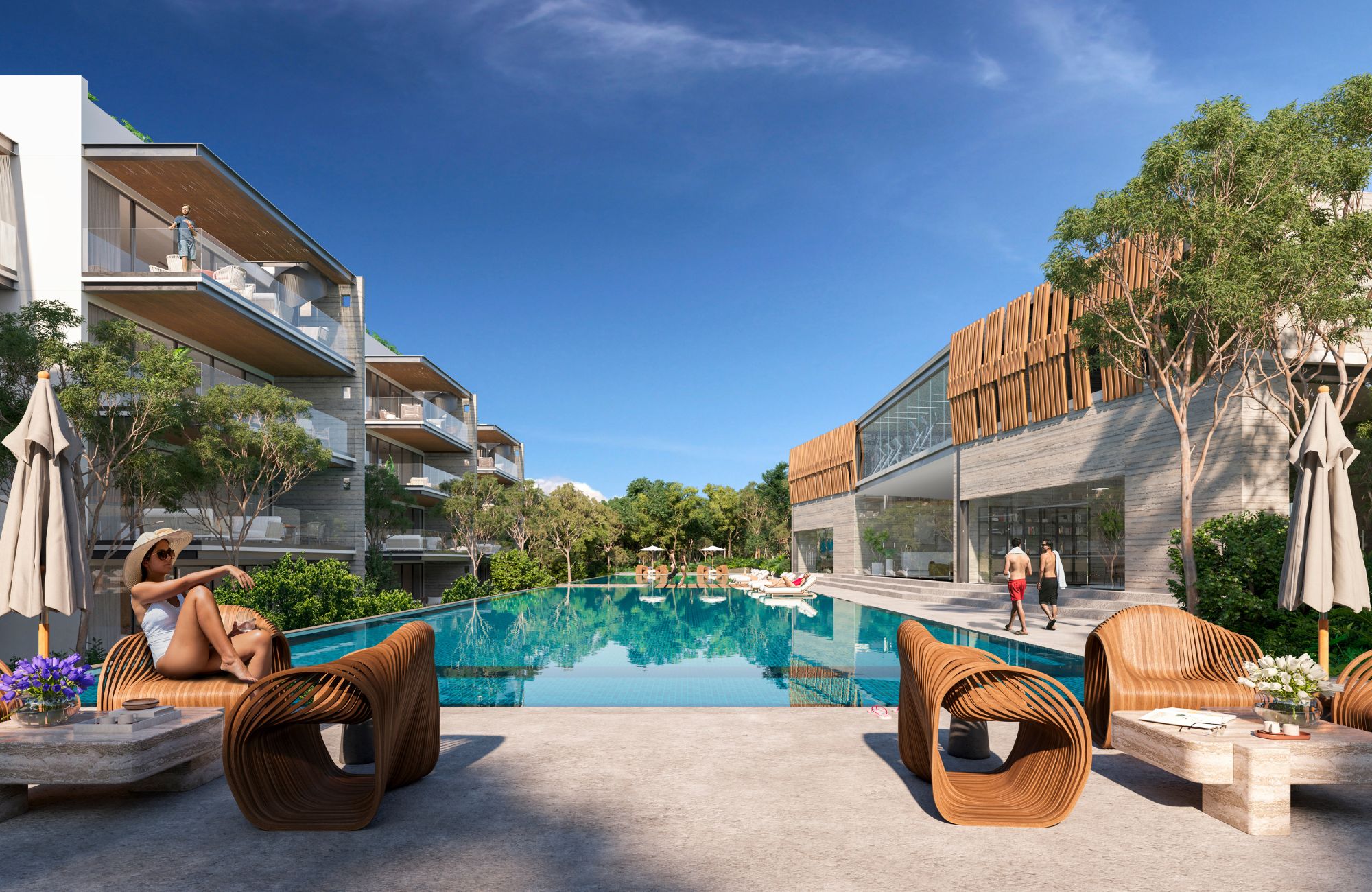Condominium 350 meters from the sea, ocean view pool, art gallery, unique design, roof garden with jacuzzi, for sale in Playa del Carmen.