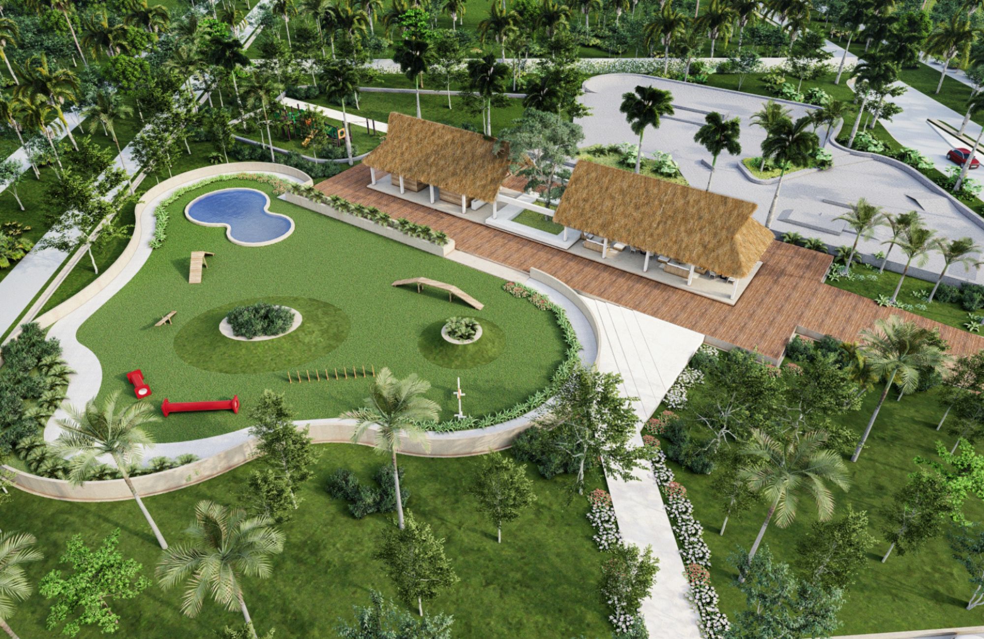 Lot in a private residential community with a clubhouse, sports courts, swimming pool, and dog areas for sale in Playa del Carmen.